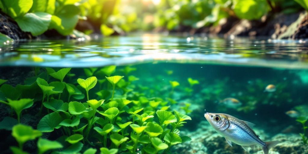 Pertanian berkelanjutan dengan tanaman hijau dan ikan sehat.