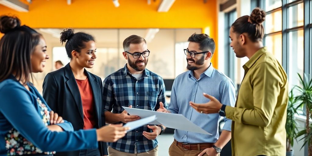 Pengusaha sukses berdiskusi dengan tim di kantor modern.